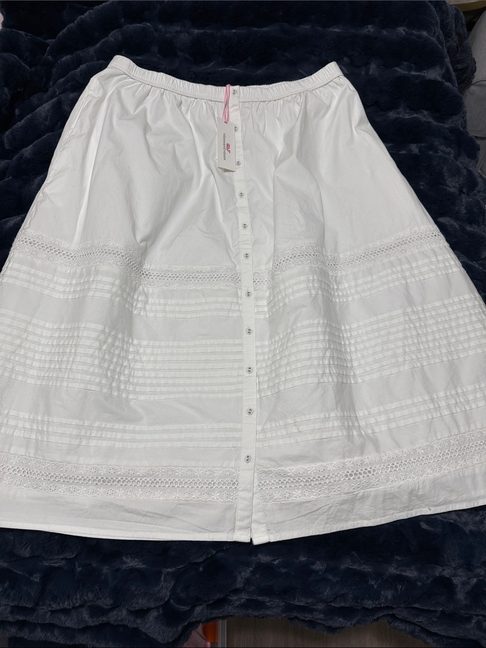 Vineyard Vines Woman’s White Button-Front Midi Skirt with Pintuck & Lace Size XL